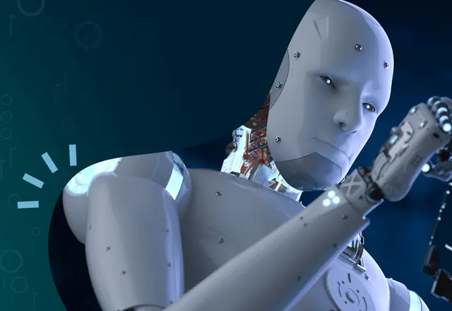 Futuristic robot holding a transparent tablet, representing AI adoption in insurance systems