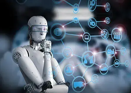 3D rendering of an AI robot interacting with a virtual interface.