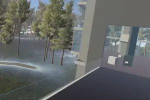 Virtual office space demonstrating networked object manipulation and immersive remote teamwork.