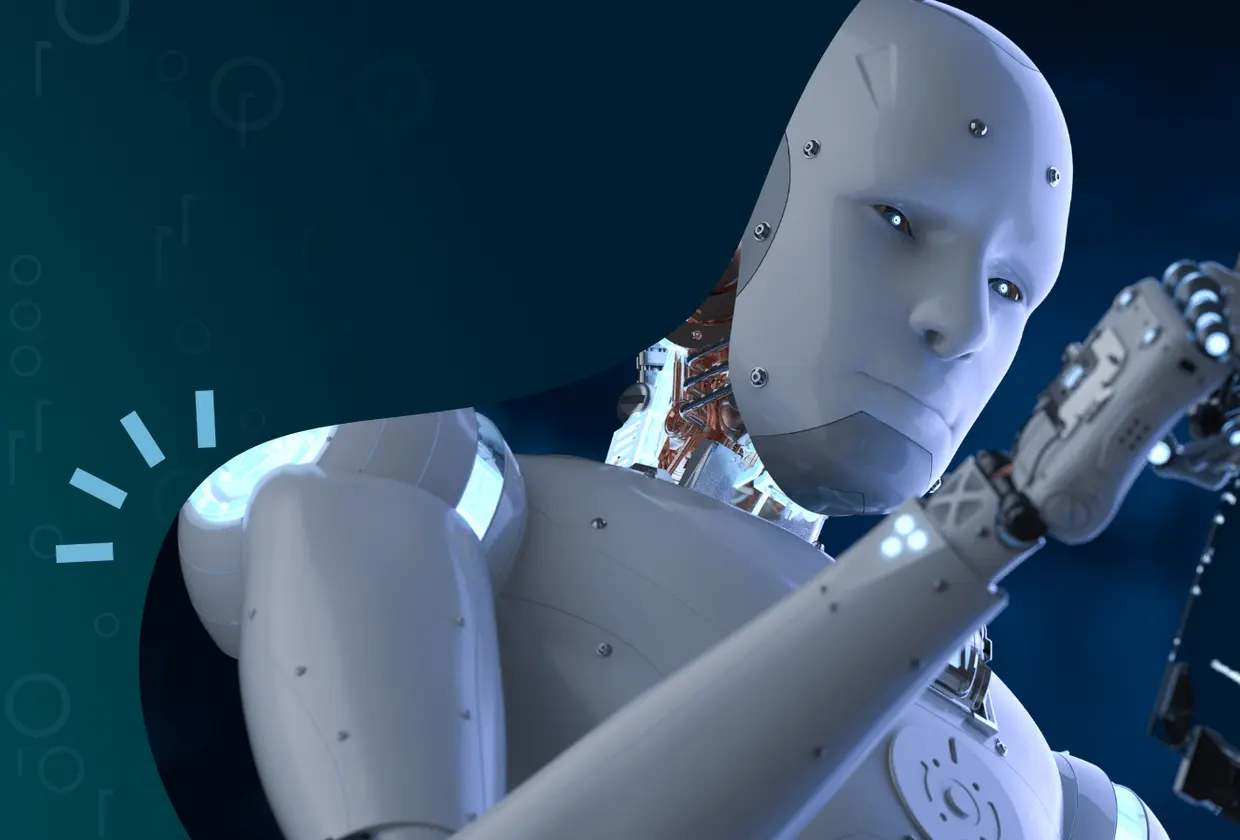 Futuristic robot holding a transparent tablet, representing AI adoption in insurance systems