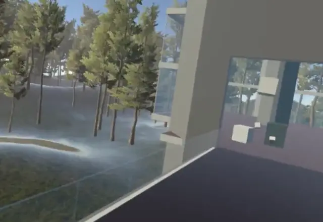 Virtual office space demonstrating networked object manipulation and immersive remote teamwork.